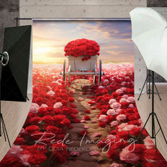 Aperturee - Aperturee Red Pink Rose Sea Cart Romantic Wedding Sweep Backdrop