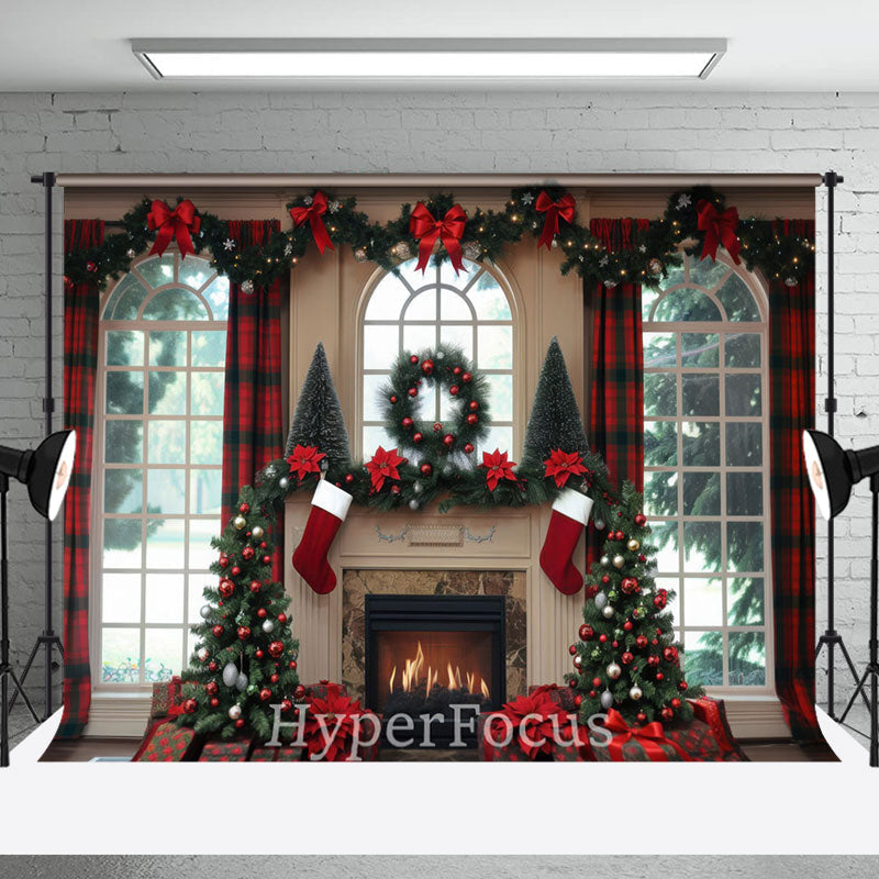 Aperturee - Aperturee Red Plaid Curtain Fireplace Window Scene Backdrop