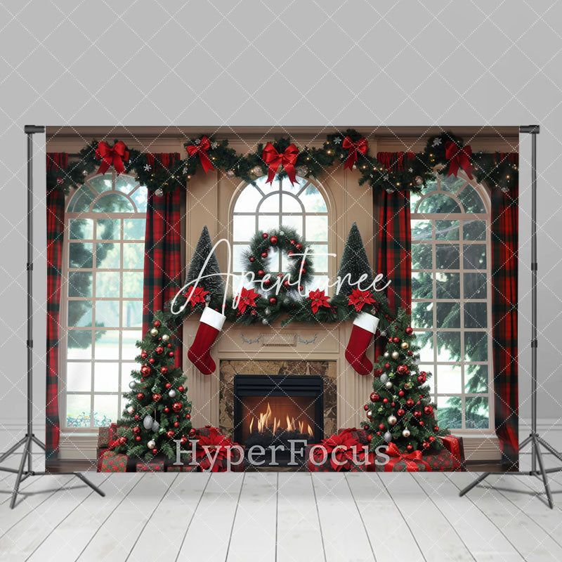 Aperturee - Aperturee Red Plaid Curtain Fireplace Window Scene Backdrop