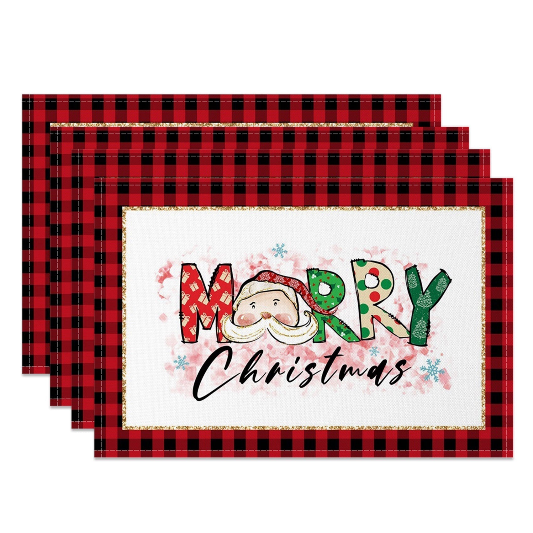 Aperturee - Aperturee Red Plaid Santa Pink Floral Xmas Set Of 4 Placemats