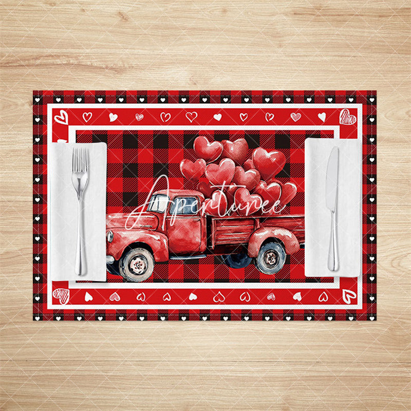 Aperturee - Aperturee Red Plaid Truck Valentines Day Set Of 4 Placemats