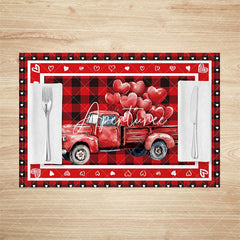 Aperturee - Aperturee Red Plaid Truck Valentines Day Set Of 4 Placemats