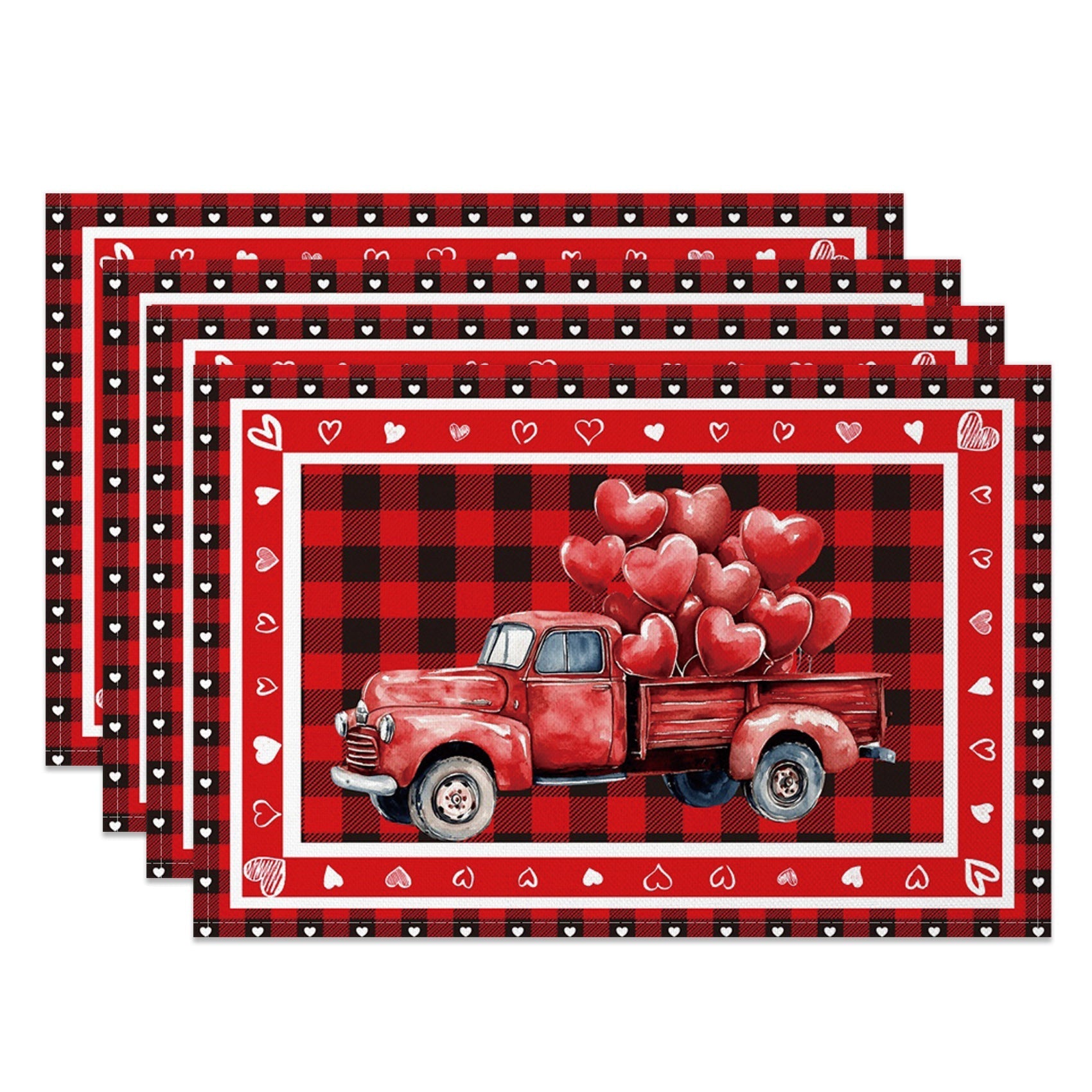 Aperturee - Aperturee Red Plaid Truck Valentines Day Set Of 4 Placemats