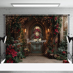 Aperturee - Aperturee Red Poinsettia Plant Wreath Door Christmas Backdrop