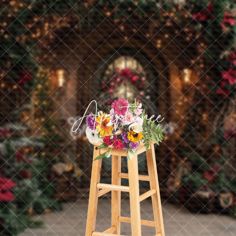 Aperturee - Aperturee Red Poinsettia Plant Wreath Door Christmas Backdrop