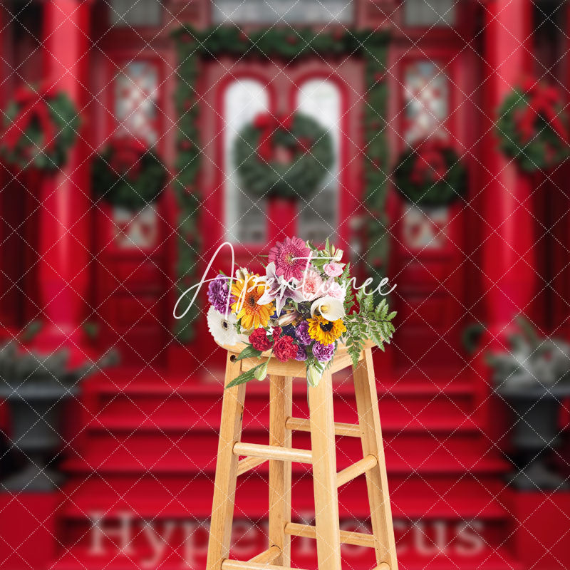 Aperturee - Aperturee Red Porch Entrance Ladder Festive Christmas Backdrop