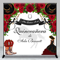 Aperturee - Aperturee Red Rose Cowgirl Custom Name Quinceanera Backdrop