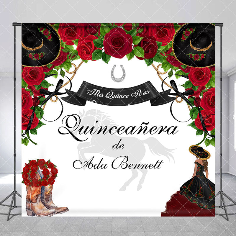 Aperturee - Aperturee Red Rose Cowgirl Custom Name Quinceanera Backdrop