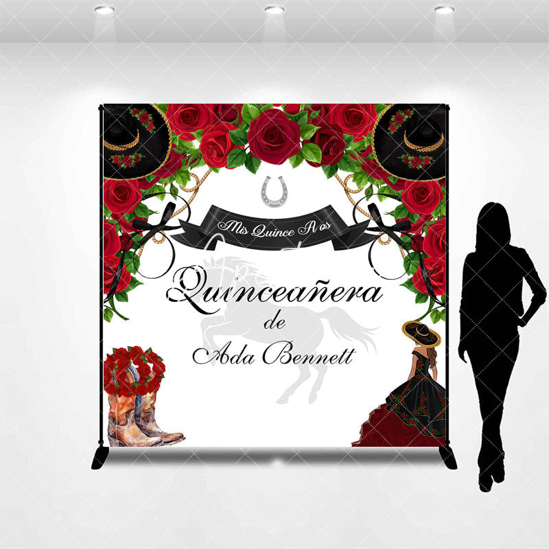 Aperturee - Aperturee Red Rose Cowgirl Custom Name Quinceanera Backdrop