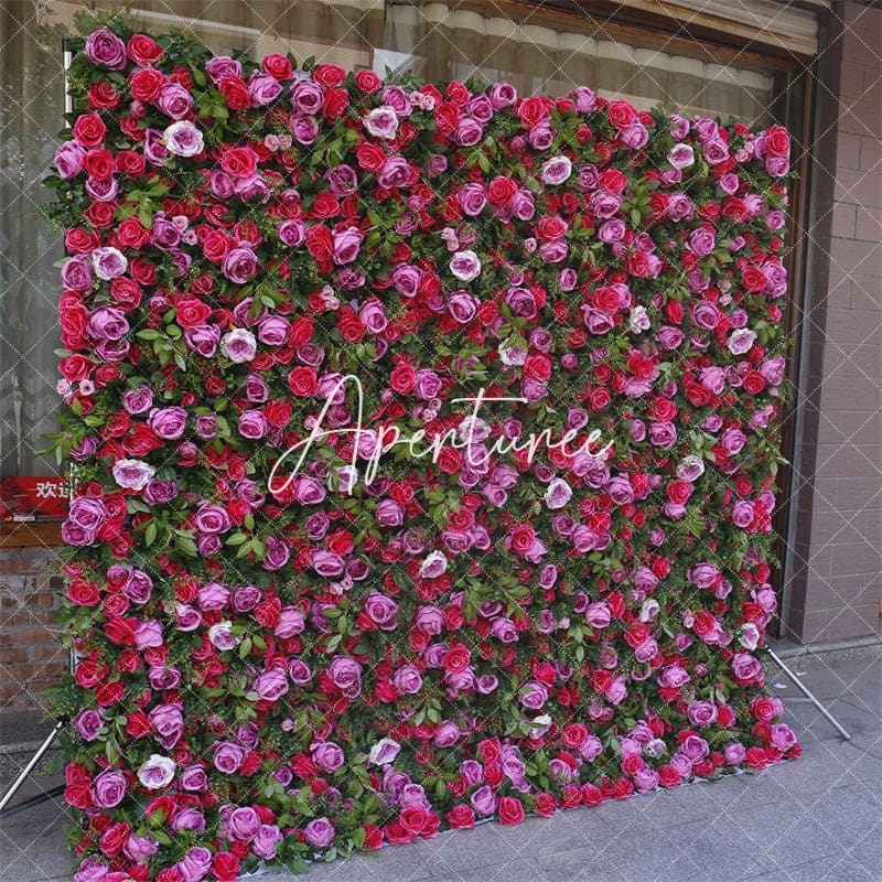 Aperturee - Aperturee Red Rose Faux Flower Wall For Bridal Shower Decor