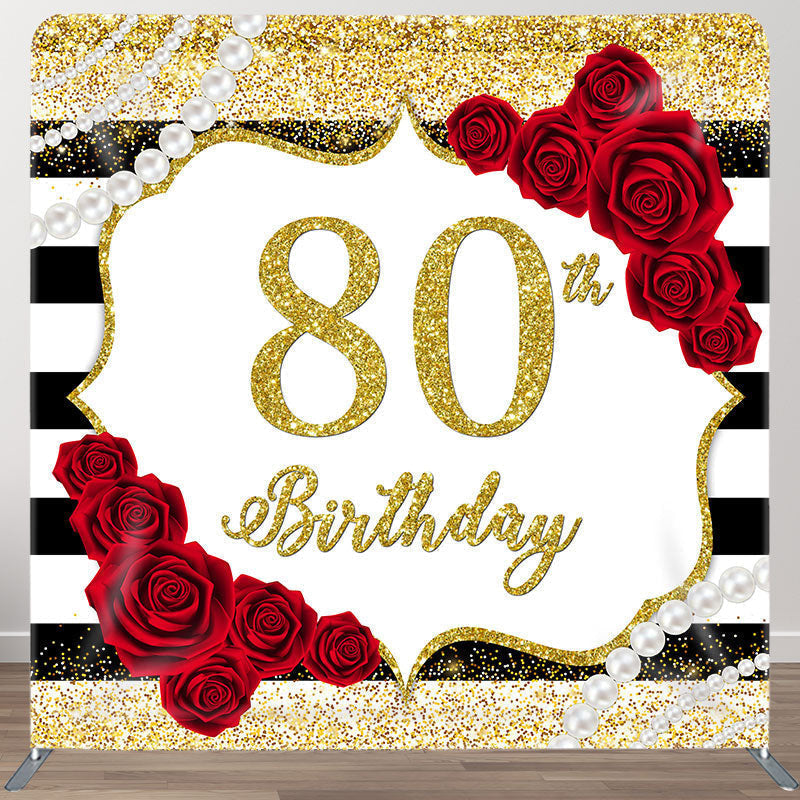 Aperturee - Aperturee Red Rose Glitter 80th Fabric Backdrop Cover for Birthday