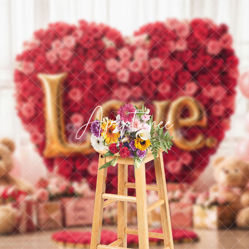 Aperturee - Aperturee Red Rose Heart Bear Gifts Valentines Day Backdrop