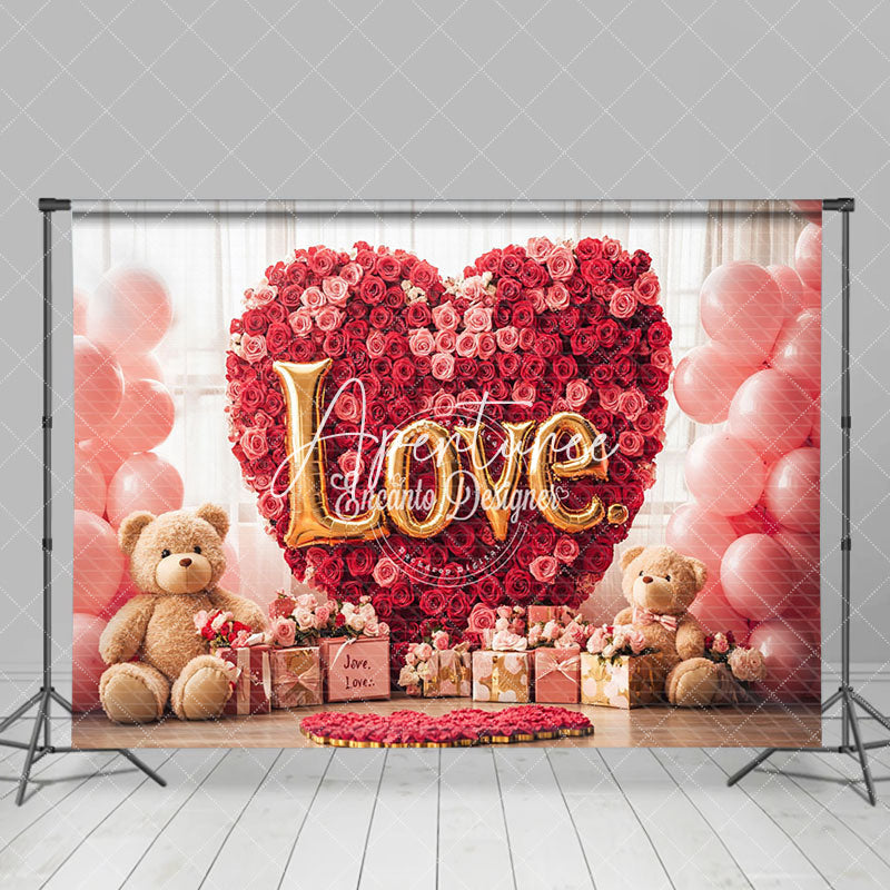 Aperturee - Aperturee Red Rose Heart Bear Gifts Valentines Day Backdrop