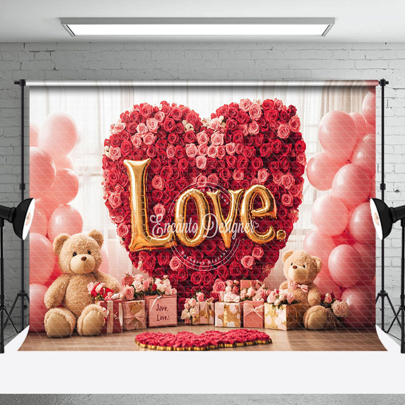 Aperturee - Aperturee Red Rose Heart Bear Gifts Valentines Day Backdrop