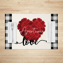 Aperturee - Aperturee Red Rose Heart Love Valentines Day Set Of 4 Placemats