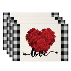 Aperturee - Aperturee Red Rose Heart Love Valentines Day Set Of 4 Placemats