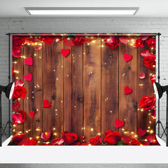 Aperturee - Aperturee Red Rose Hearts Brown Wood Valentines Day Backdrop