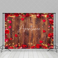 Aperturee - Aperturee Red Rose Hearts Brown Wood Valentines Day Backdrop