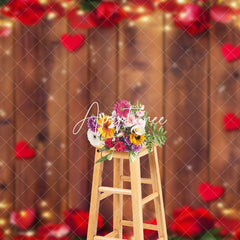 Aperturee - Aperturee Red Rose Hearts Brown Wood Valentines Day Backdrop