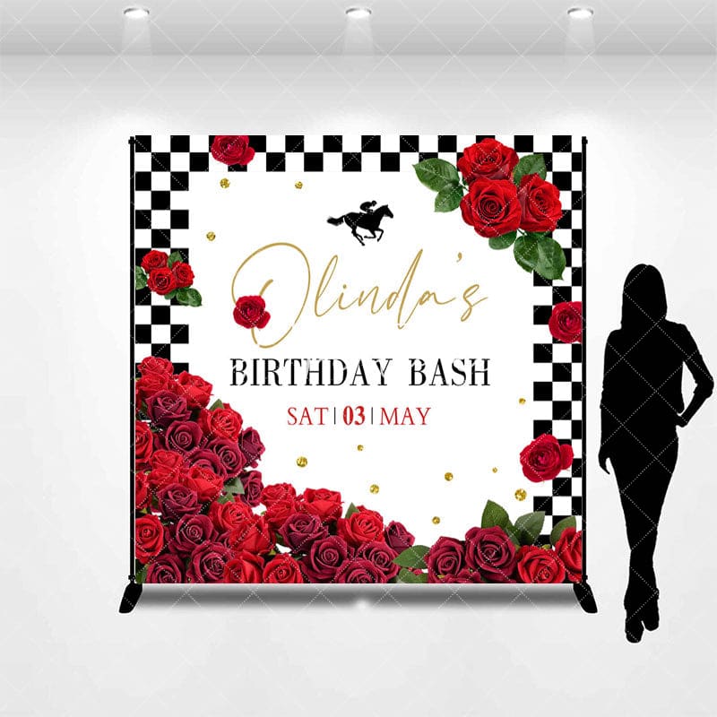 Aperturee - Aperturee Red Rose Kentucky Derby Custom Name Birthday Backdrop