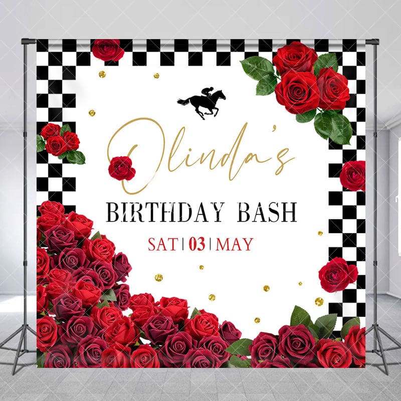 Aperturee - Aperturee Red Rose Kentucky Derby Custom Name Birthday Backdrop