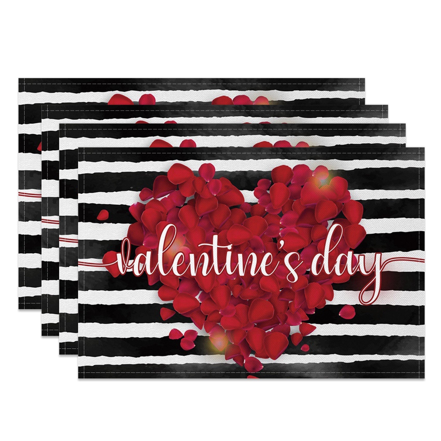 Aperturee - Aperturee Red Rose Petals Black White Stripe Set Of 4 Placemats