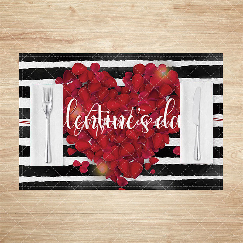 Aperturee - Aperturee Red Rose Petals Black White Stripe Set Of 4 Placemats