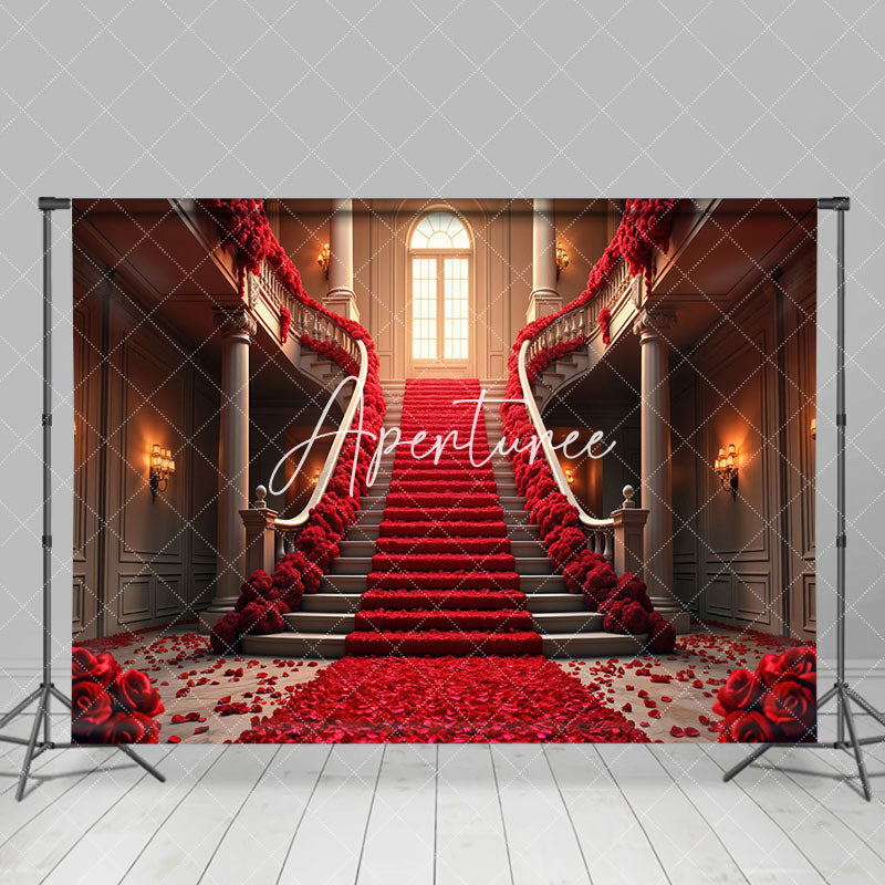 Aperturee - Aperturee Red Rose Stairs Romantic Valentines Day Backdrop