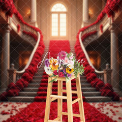 Aperturee - Aperturee Red Rose Stairs Romantic Valentines Day Backdrop