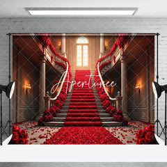 Aperturee - Aperturee Red Rose Stairs Romantic Valentines Day Backdrop