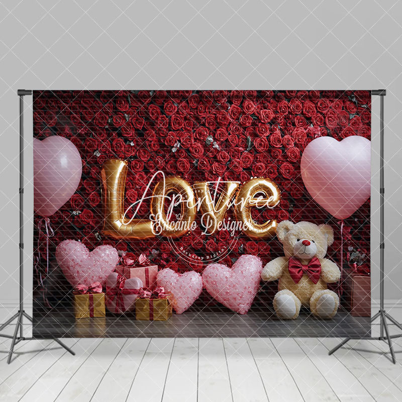 Aperturee - Aperturee Red Rose Wall Balloon Bear Valentines Day Backdrop