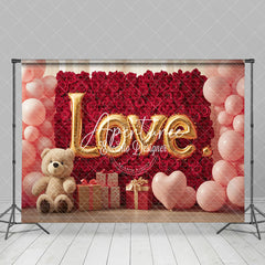 Aperturee - Aperturee Red Rose Wall Pink Balloons Bear Romantic Backdrop