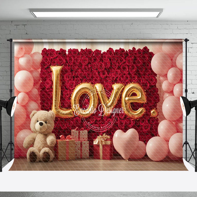 Aperturee - Aperturee Red Rose Wall Pink Balloons Bear Romantic Backdrop