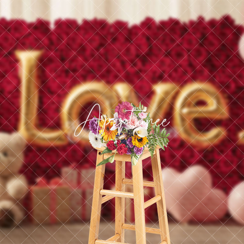 Aperturee - Aperturee Red Rose Wall Pink Balloons Bear Romantic Backdrop