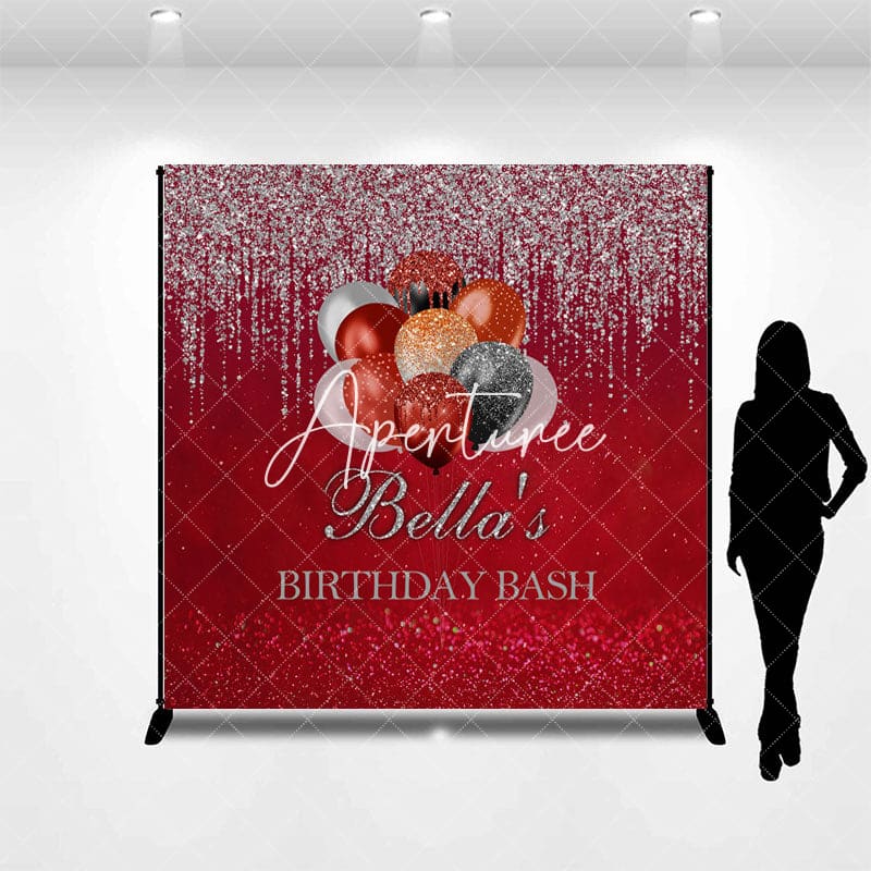 Aperturee - Aperturee Red Silver Glitter Balloon Custom Birthday Backdrop