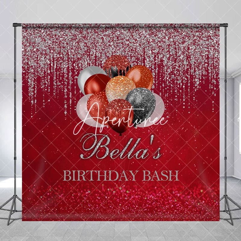 Aperturee - Aperturee Red Silver Glitter Balloon Custom Birthday Backdrop