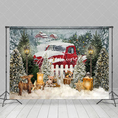 Aperturee - Aperturee Red Snowy Truck Teddy Bear Cabin Christmas Backdrop