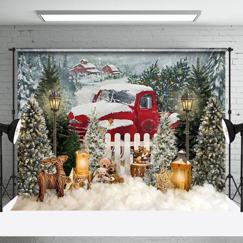 Aperturee - Aperturee Red Snowy Truck Teddy Bear Cabin Christmas Backdrop