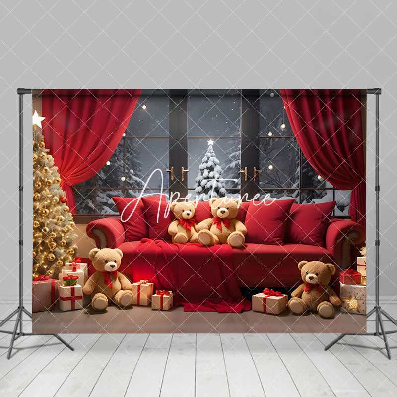 Aperturee - Aperturee Red Sofa Teddy Bear Curtain Window Tree Xmas Backdrop