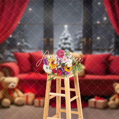 Aperturee - Aperturee Red Sofa Teddy Bear Curtain Window Tree Xmas Backdrop