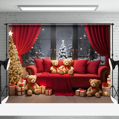 Aperturee - Aperturee Red Sofa Teddy Bear Curtain Window Tree Xmas Backdrop