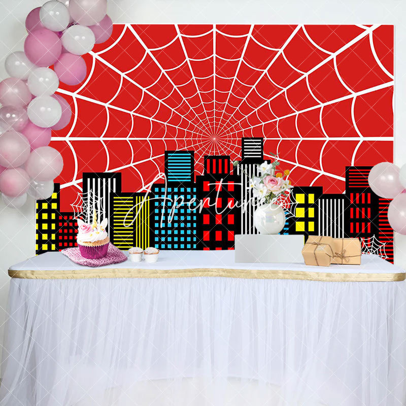 Aperturee - Aperturee Red Spider Wab City Night Scene Birthday Backdrop