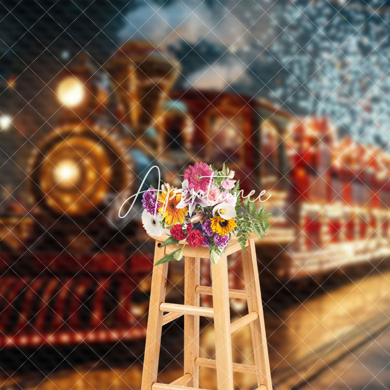 Aperturee - Aperturee Red Train Glitter Christmas Photo Studio Backdrop