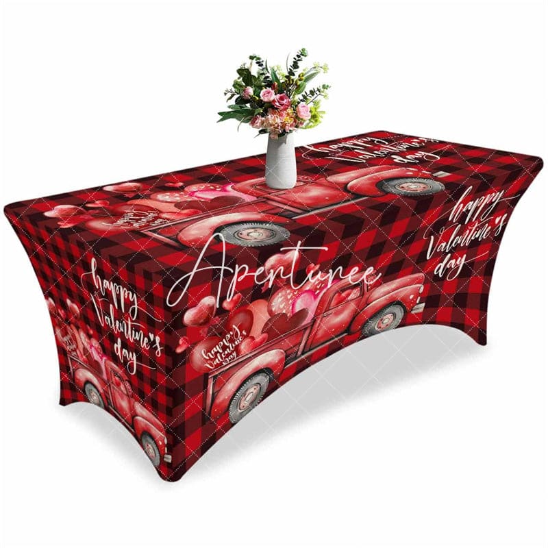 Aperturee - Aperturee Red Truck Balloon Valentines Day Stretch Table Cover