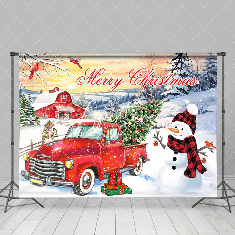 Aperturee - Aperturee Red Truck Christmas Tree Snowman Sunset Backdrop