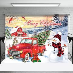 Aperturee - Aperturee Red Truck Christmas Tree Snowman Sunset Backdrop