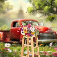 Aperturee - Aperturee Red Truck Garden Fence Floral Spring Photo Backdrop