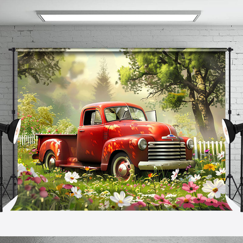 Aperturee - Aperturee Red Truck Garden Fence Floral Spring Photo Backdrop