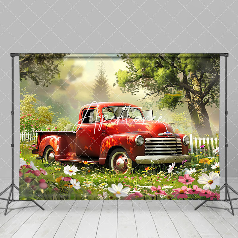 Aperturee - Aperturee Red Truck Garden Fence Floral Spring Photo Backdrop