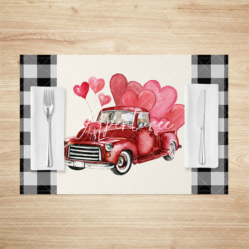 Aperturee - Aperturee Red Truck Hearts Valentines Day Set Of 4 Placemats